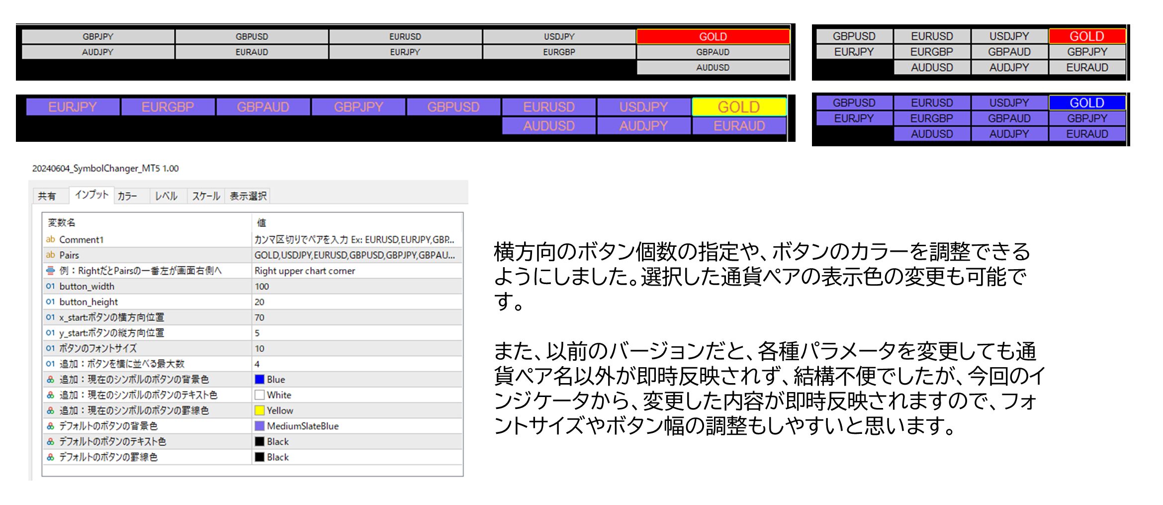 改良版MT5 Symbol changerの動作と設定値：横方向のボタン個数の指定や、ボタンのカラーを調整できるようにしました。選択した通貨ペアの表示色の変更も可能です。

また、以前のバージョンだと、各種パラメータを変更しても通貨ペア名以外が即時反映されず、結構不便でしたが、今回のインジケータから、変更した内容が即時反映されますので、フォントサイズやボタン幅の調整もしやすいと思います。
